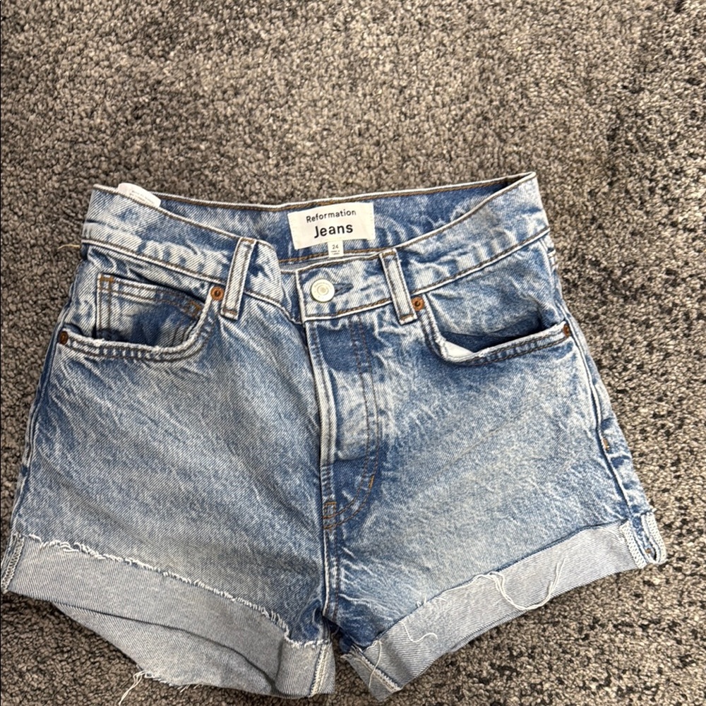Reformation Blue Jean Shorts with Vintage Distressed Look